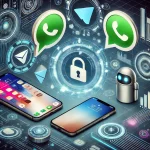 Ícones de aplicativos de mensagens como WhatsApp, Telegram e Signal em um fundo tecnológico, representando a evolução e privacidade na comunicação digital.