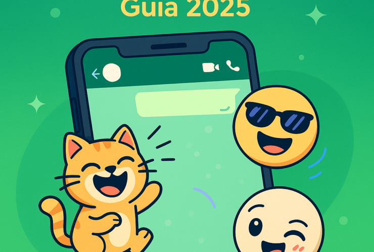 Ilustração vetorial de figurinhas engraçadas animadas no WhatsApp em 2025, com personagens divertidos em uma conversa animada no celular.