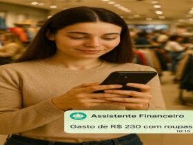 Mulher em loja de roupas recebe alerta de gasto via aplicativo financeiro no celular