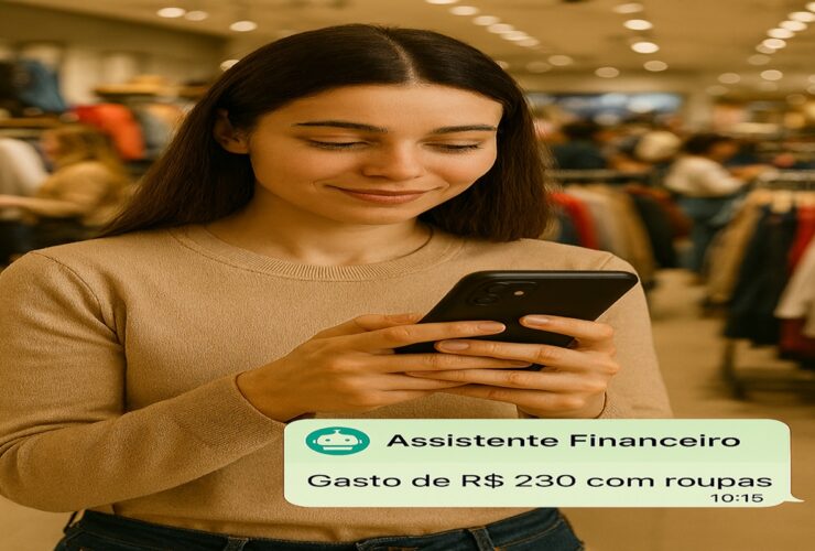 Mulher em loja de roupas recebe alerta de gasto via aplicativo financeiro no celular