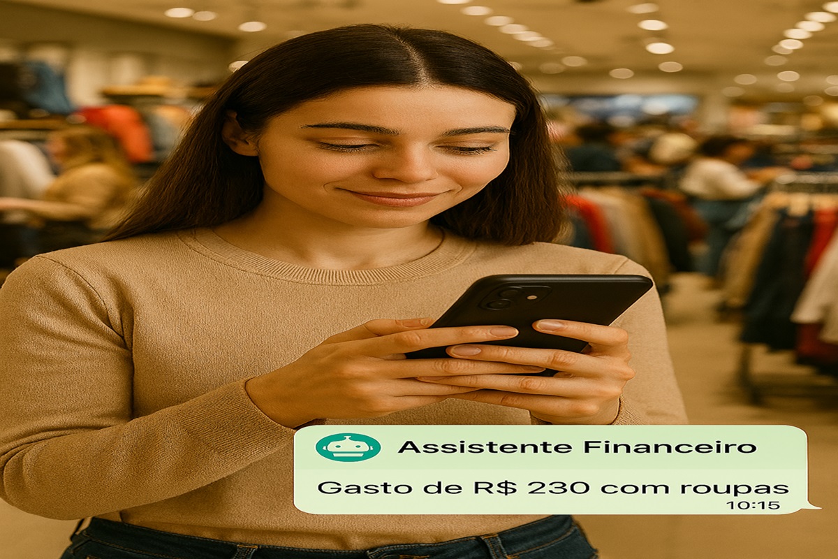 Mulher em loja de roupas recebe alerta de gasto via aplicativo financeiro no celular
